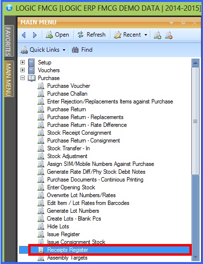 fmcg receipts register menu